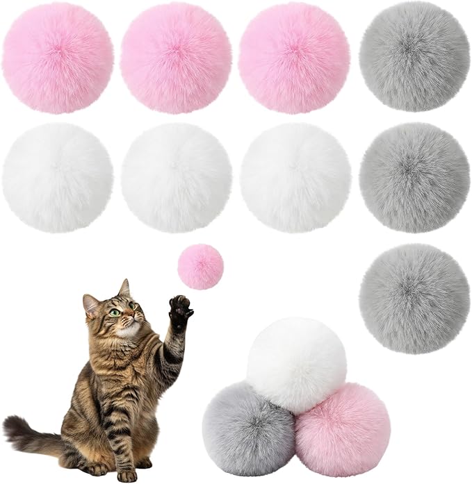 9 Pieces Furry Cat Toys Fuzzy Cat Balls Toys Pom Pom Kitty Ball Cute Rolling Cats Toy Artificial Plush Ball (Pink, Grey, White)