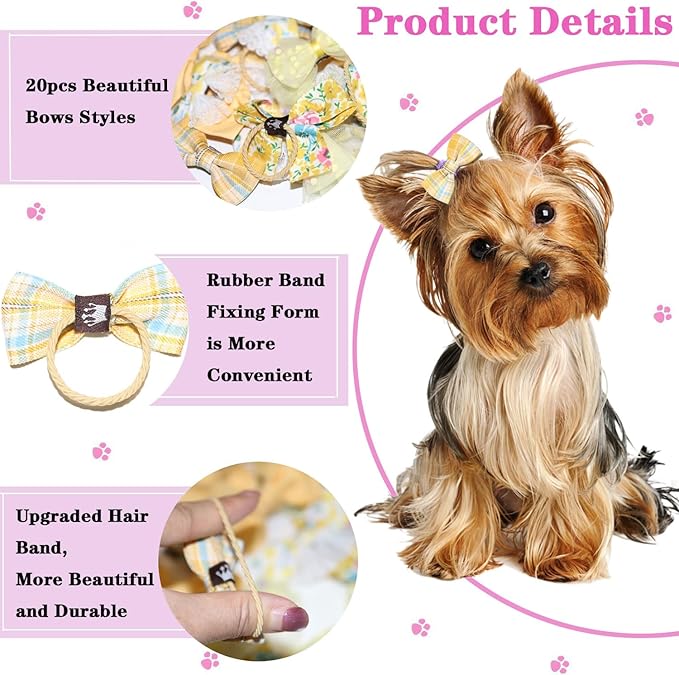 20pcs Yellow Dog Hair Bows for Small Dogs - Puppy Hair Clips with Rubber Bands, Cute Bowknot Hair Accessories, Handmade Pet Bows for Yorkie Grooming
