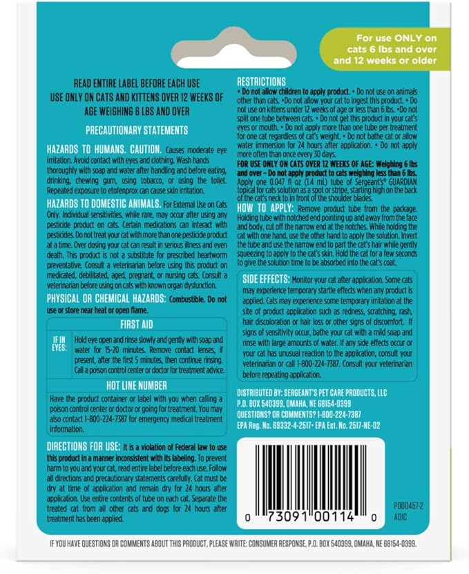 Sergeant's Guardian Flea & Tick Squeeze On Topical Cats 6lbs and Over., 3 Count
