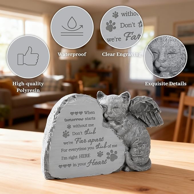 Cat Memorial Gifts for Loss of Cat, Pet Loss Sympathy Gift, Angle Cat Figurine Placed in Outdoor Garden or on Tombstone, Pet Memorial Stone