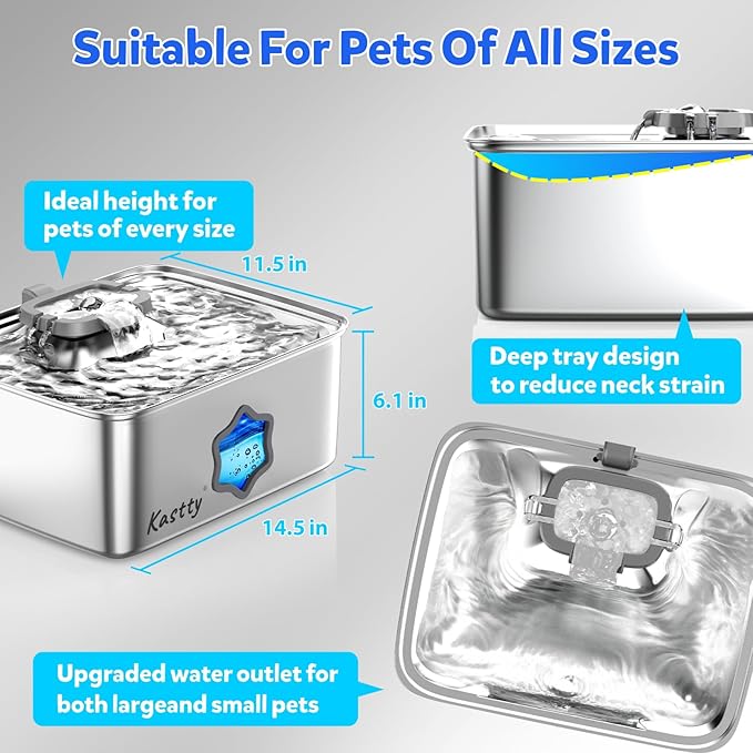 Kastty 15L/4Gal Dog Water Fountain, Stainless Steel Pet Water Bowl Dispenser with Visual Window, Automatic Dual-Color LED, 5-Stage Filtration, Ultra Quiet, for Large Medium Dogs & Multi-pet, FS81