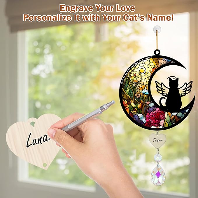 Cat Memorial Suncatcher for Windows Stained Glass,Pet Sympathy Gift to Memorialize The Loss,Unique Angel Cat Statue Suncatchers with Personalized Decorations