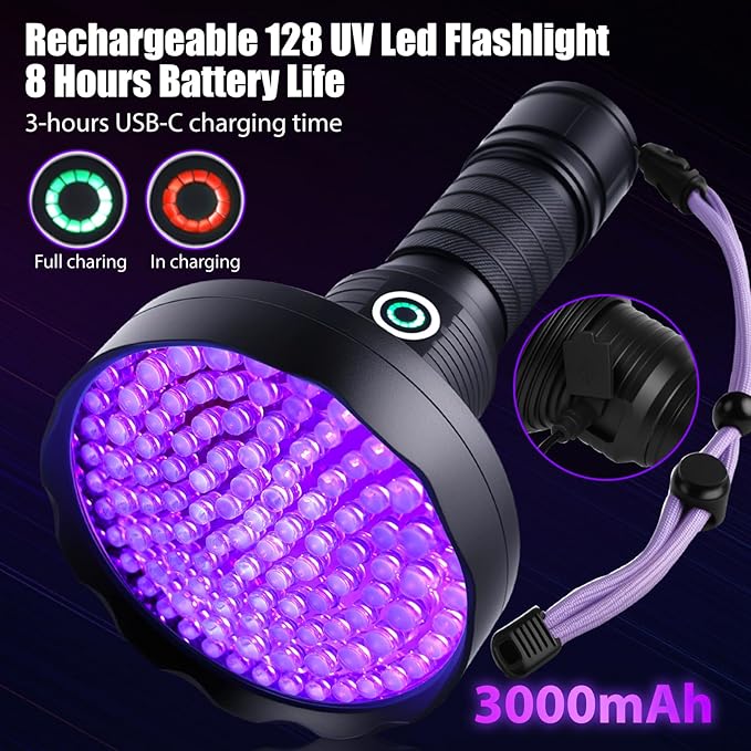 Rechargeable UV Flashlight,128 Led 395nm Black Light, Pet Urine & Stain Detector for Dog/Cat, Bed Bugs, Curing Resin, Durable and Long Lasting