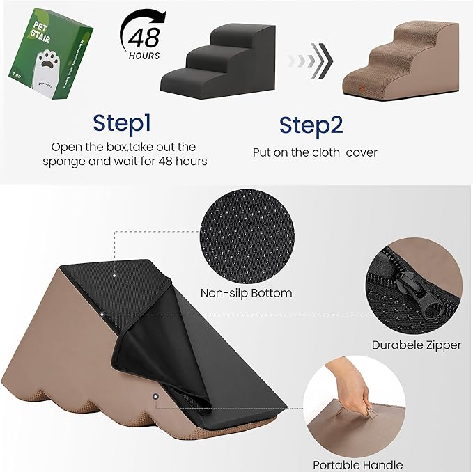 gogobunny Ramp Cat Dog Stairs for Beds, Cat Slope Stairs with Durable Waterproof Fabric Cover, Pet Steps for Old Large Dogs Climbing (Camel, 3-Step (22.4" D x 15.7" W x 15.7" H), 3)