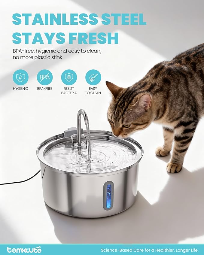 Cat Water Fountain Stainless Steel - 108oz/3.2L Large Capacity Cat Fountain for Drinking, Ultra Quiet Metal Pet Water Fountain for Cats, Small Dogs, Multiple Pets