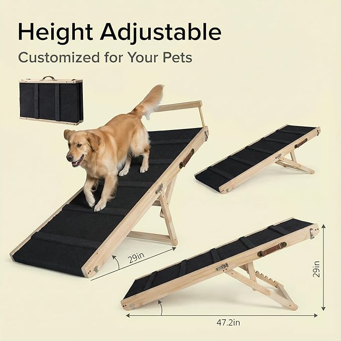Wooden Pet Ramp for Bed, Foldable Dog Ramp with Removable Side Rails, Lightweight Ramp for Dogs for Large Dogs Senior Cats, Supports up to 100 lbs for Easy Access to Bed or Car (Large)