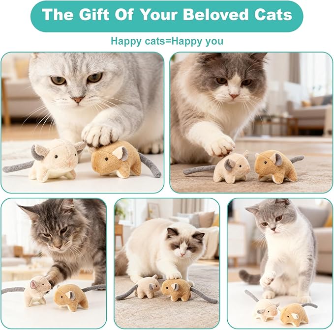 Plush Catnip Mice Toys with Rattle Sound- 2 Pcs Interactive Cat Toys for Indoor Cats, Durable Stress Relief Eco-Friendly Small Mouse Chew Playthings（with Catnip Bag