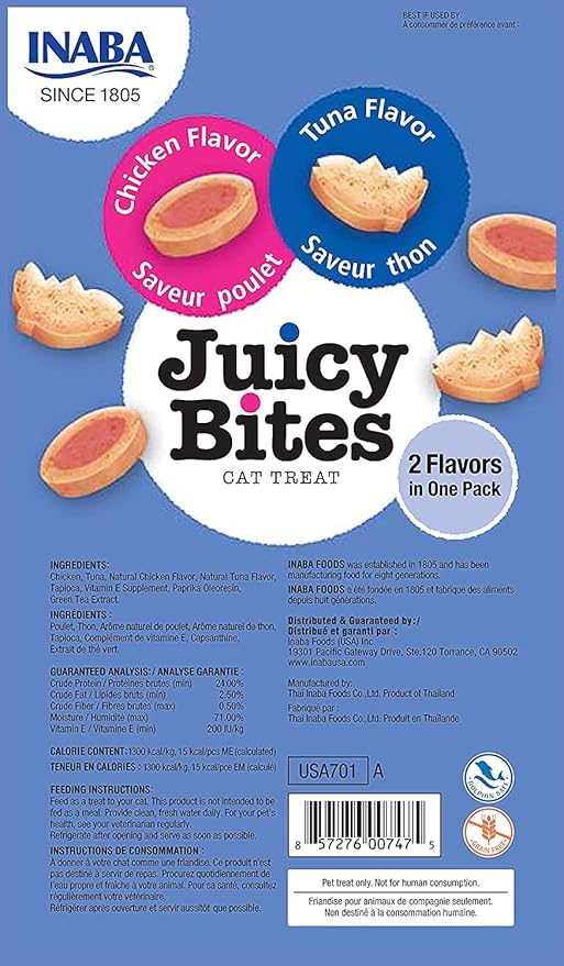 INABA Juicy Bites Grain-Free, Soft, Moist, Chewy Cat Treats with Vitamin E and Green Tea Extract, 0.4 Ounces per Pouch, 9 Pouches Total (3 per Bag), Tuna and Chicken Flavor