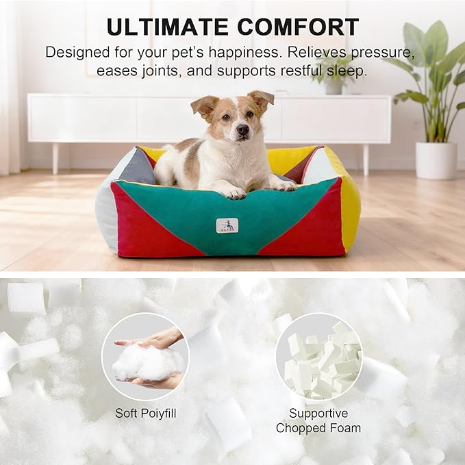 Washable Rectangle Dog Bed with Removable Cover, Color-Block Gingham Cotton Pet Sofa, Breathable Scratch Resistant Dog Bed, Medium