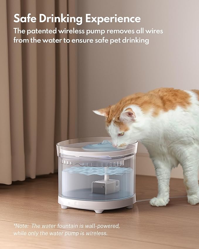 HomeRunPet Wireless Pump Cat Water Fountain - Detachable Design for Easy Cleaning, Multi-Cat Water Dispenser with Chew-Proof Base, Porcelain-Tray