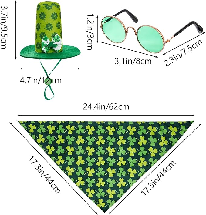 3 Pcs St Patrick's Day Pet Costume Set Cat Bandna Hat and Sunglasses for Small Medium Dogs Holiday Party Outfits