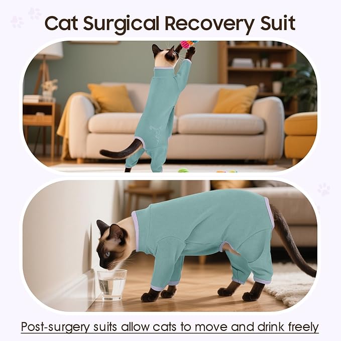 DENTRUN Cat Clothes for Hair Control with Hair Sticky Fabric - Soft Recovery Suit & Breathable Lint-Resistant Cat Sweater for Cats Only, Kitten Onesie Pajamas, XS, Bean Green