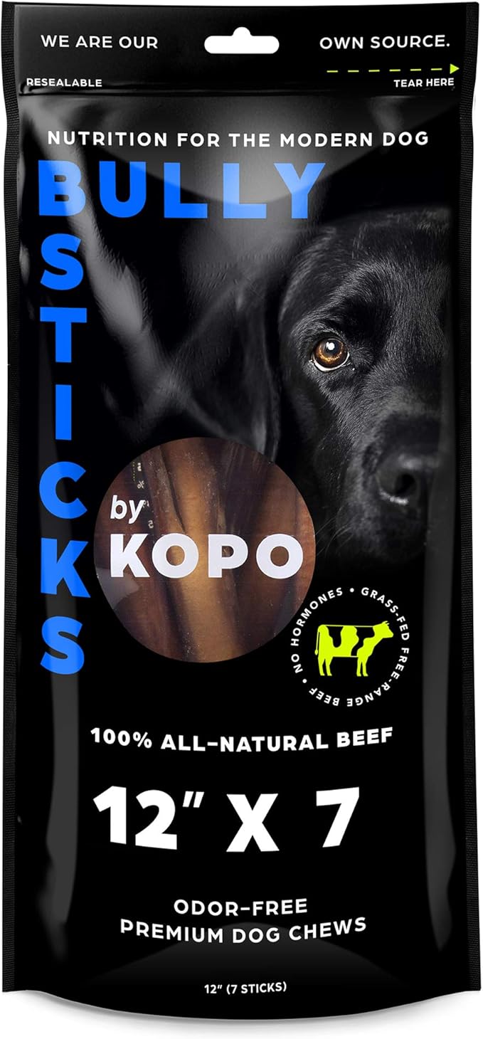 Kopo Dog Bully Sticks 12 inch - Regular Size, 7 Pack - Chew Sticks - 100% All Natural Beef Pizzle, One Ingredient Treats - More Protein Than Collagen Sticks - Long Lasting Dog Treats