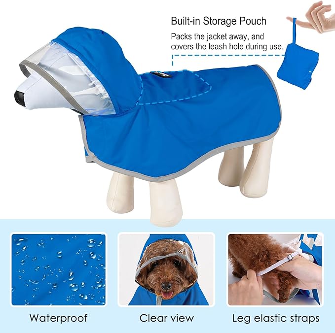 Lukovee Dog Raincoat, Adjustable Dog Rain Jacket with Clear Hooded Double Layer for Large Medium Small Dogs Puppies, Waterproof Rain Coat Poncho with Reflective Storage Pocket & Rim (BL,M)