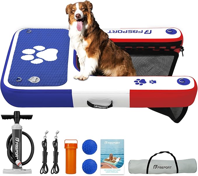 FBSPORT Inflatable Dog Boat Ramp Floating Dock Water Ladder for Pool, Boat, Non-Slip EVA Floating Ladder Pool Ramp for Dog Up to 220 LBs, Safe & Easy Access