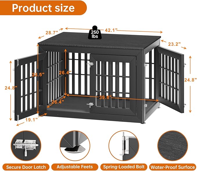 42" Heavy Duty Dog Crate Furniture for Small,Medium and Large Dogs,Rustic Wooden Dog Cage Kennel Indoor Furniture with Waterproof Top,Decorative Pet House Side End Table (Black)