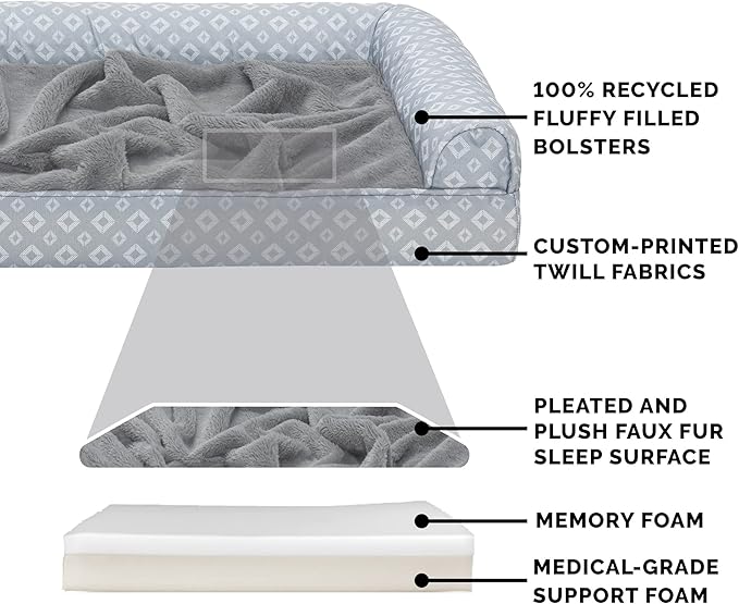 Furhaven Cozy Memory Foam Dog Bed for Large/Medium Dogs w/ Removable Bolsters & Washable Cover, For Dogs Up to 55 lbs - Plush & Diamond Print Nest Top Sofa - Gray, Large
