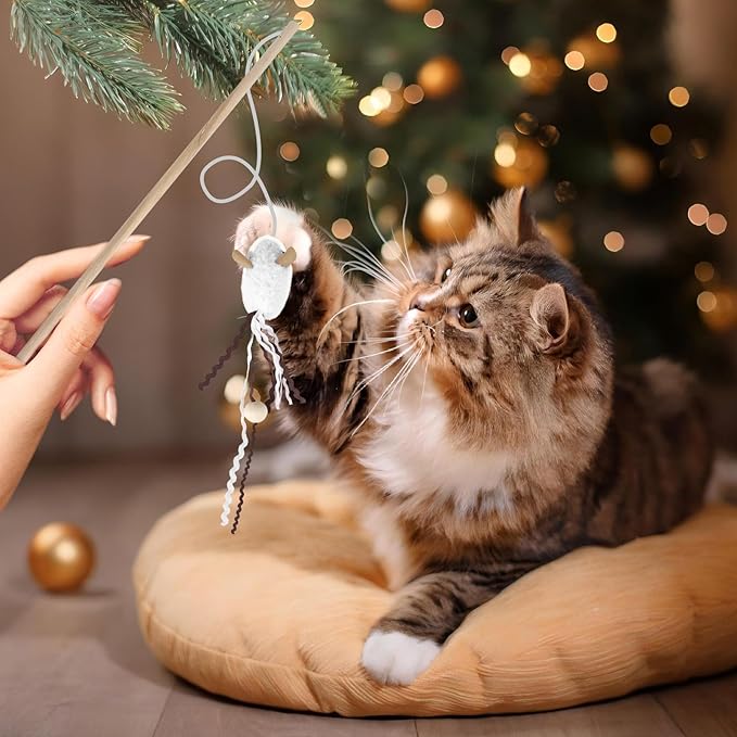 NOWFRESH Cat Wand Toy Set, 2 PCS Interactive Cat Teaser Wands with Cute Paper Balls & Paper Circles Designs, Equipped with Bells and Streamers to Captivate Your Cat’s Attention