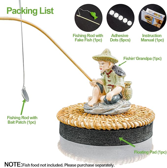 Floating Fish Tank Decorations, Resin Fisherman Aquarium Decor with Realistic Mini Fishing Rod, Fun Fish Feeder Aquarium Ornaments for Guppy Betta and Small Schooling Species Interactive Toy