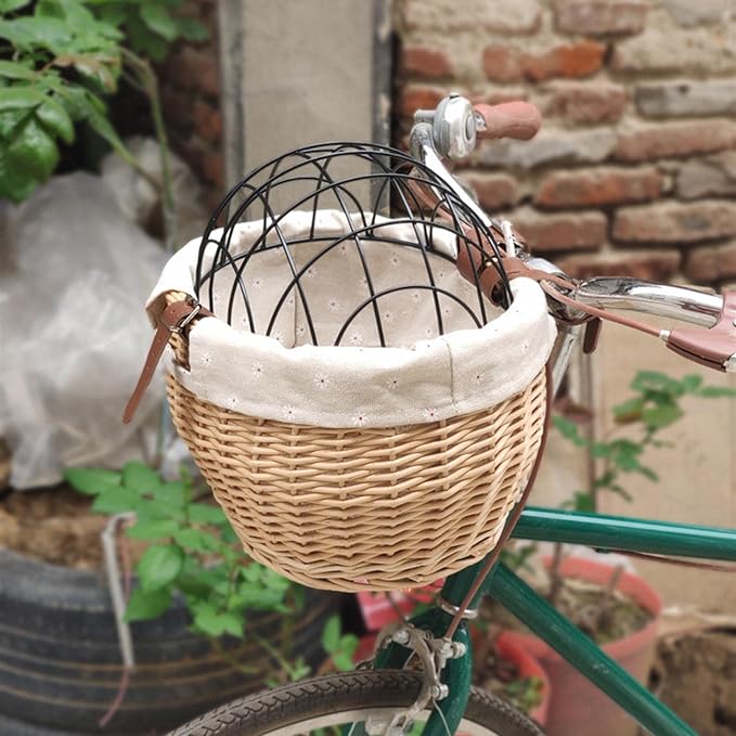 Bike Pet Basket, Wicker Bike Basket for Small Dogs Cats Pet Carrier Front Basket with Wire Mesh Cover and Lid, Wicker Basket for Dogs and Cats, Rattan Storage Basket, 11.81 * 9.84 inch (B)