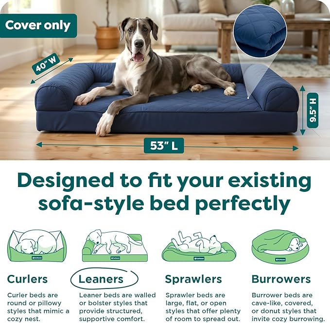 FurHaven Dog Bed Cover Replacement, Sofa-Style Design with Soft Quilted Sleep Surface for Cozy Comfort, Machine Washable, Jumbo Plus XXL, Quilted Fabric, Navy Blue