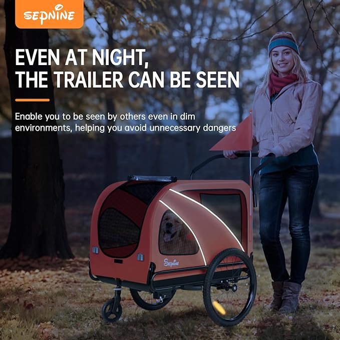 Sepnine Dog Bike Trailer, Supports up to 110 lbs, 2-in-1 Pet Stroller Cart Bicycle Carrier, Easy Folding Cart Frame with Quick Release Wheels, Universal Bicycle Coupler, Non-Slip Floor, Internal Leash