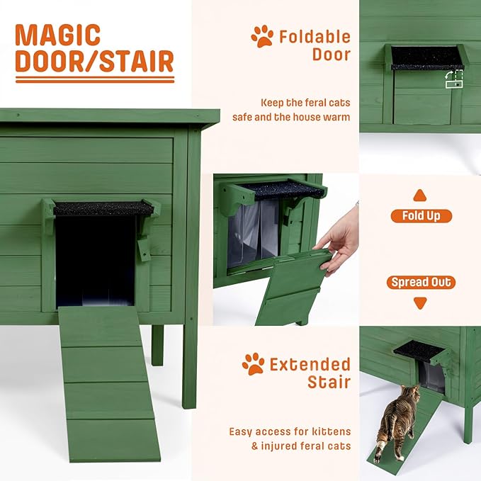 BRIOPAWS Outdoor-Cat-House-Insulated | Feral-Cat-Shelter for Winter | Weatherproof | Large Wooden Pet House for Multiple Cats | Foldable Ladder | Acrylic Side Window | Green