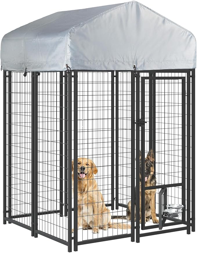 LEMBERI 4x4x6 FT Outdoor Dog Kennel for Large Dogs, Heavy Duty Welded Wire Steel Dog Playpen Fence with Secure Lock, Pet Pen with UV-Resistant Waterproof Roof Cover for Outside