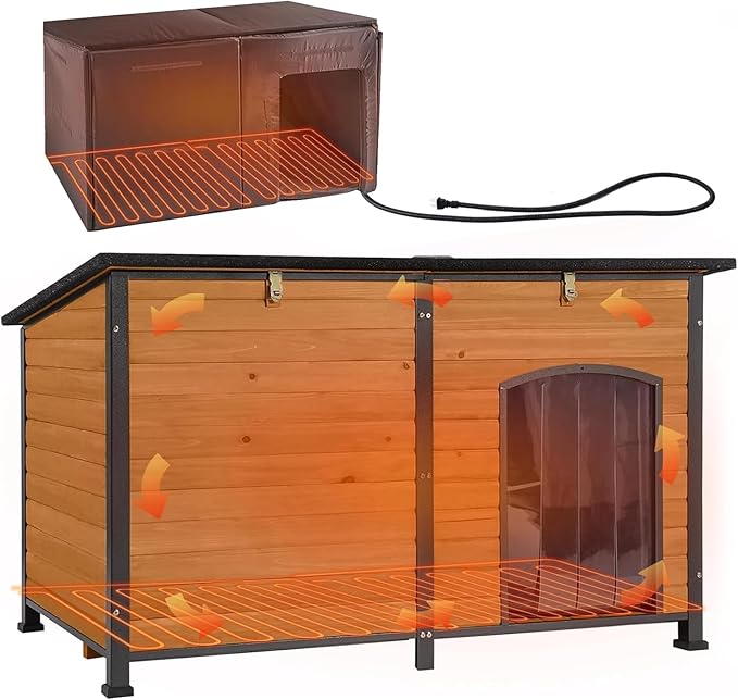 Aivituvin Heated Dog House Outdoor 59" Extra Large Insulated Dog Kennel with Heating Pad Keep Warm in Winter Dog Cage for Small & Medium & Large Dogs,All-Around Strong Iron Frame