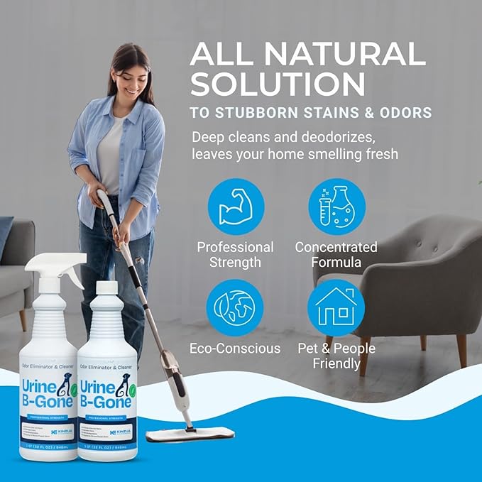Urine B-Gone, Professional Enzyme Odor Eliminator & Pet Stain Remover, Human, Cat & Dog Urine Cleaner, Effective on Laundry, Carpets & More, Original Scent, 32oz, Pack of Two
