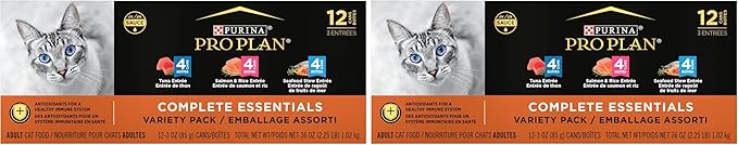 Purina Pro Plan High Protein Wet Cat Food Variety Pack,Complete Essentials Seafood Favorites - 3 oz. Cans,(Pack of 48)