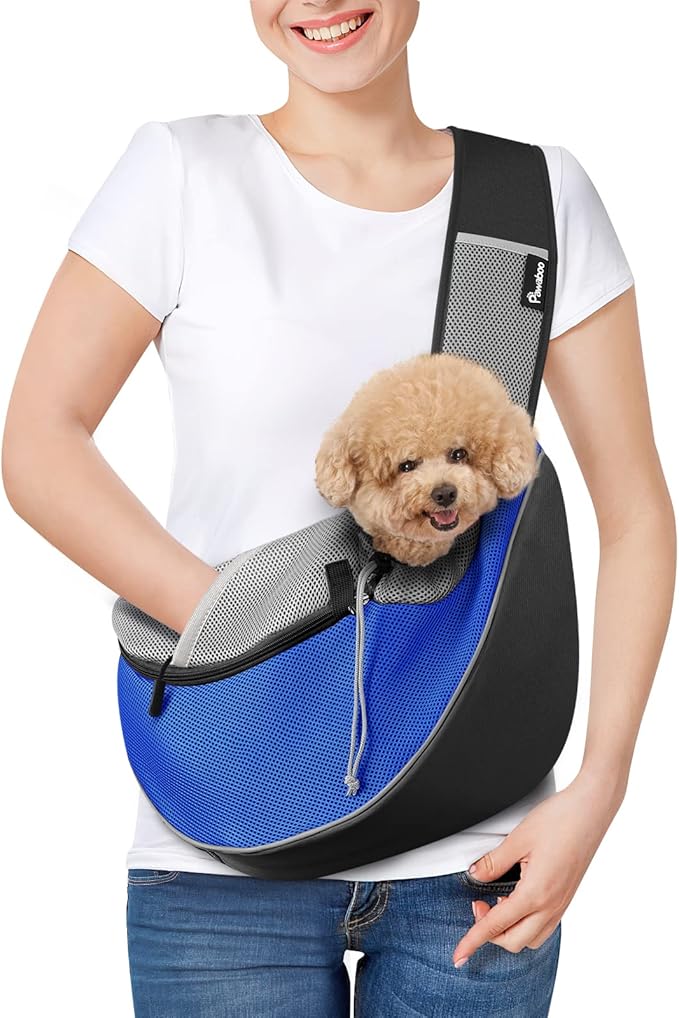 Pawaboo Pet Dog Sling Carrier, Hand Free Breathable Mesh Puppy Carrier, Dog Papoose with Zipper Touch Pocket and Adjustable Strap, Crossbody Satchel Dogs Purse for Outdoor, M, Blue