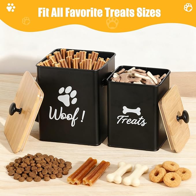 Dog Treat Containers Set of 2, Dog Food Storage Containers with Airtight Lids, Metal dog treat jars for Kitchen Countertop, Pet Food Canister Keep Snack Fresh, 5.9"×5.9"×7.1", Black