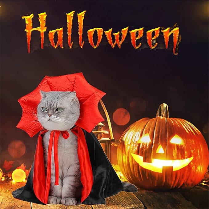 Cat Halloween Costumes, Vampire Cloak Cape Costume Clothes, Cat Bat Mask with Cloak, Red Black Pet Accessories Outfit Decor Cowl for Small Dogs, Halloween Party Pet Cosplay