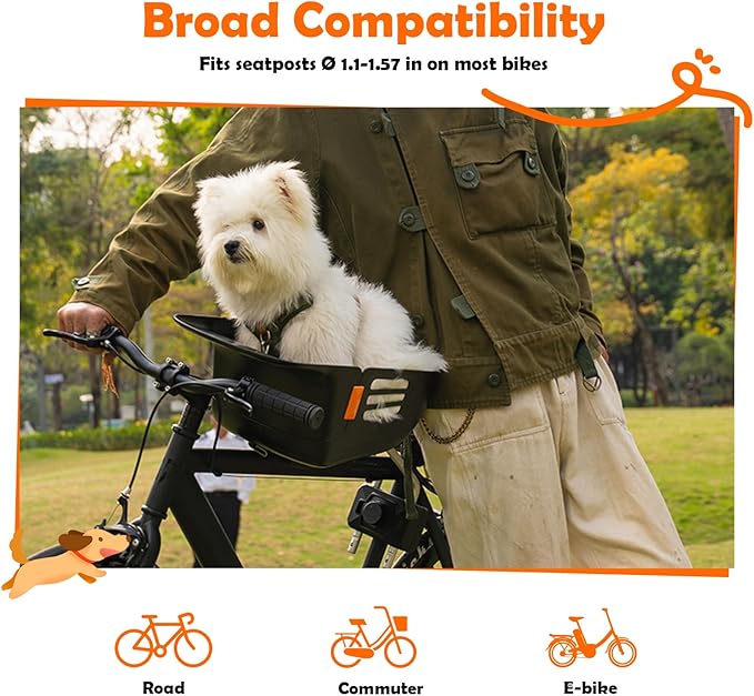 Dog Bike Basket for 26 lbs, Pet Bike Carrier with Integrated Sturdy Seat, Waterproof Scratch-Resistant Nylon Cushion, Adjustable Straps & Rustproof Metal Frame for Small/Medium Dogs, Black