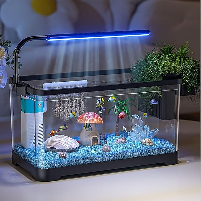 Fish Tank Aquarium Kit,Turtle Tank Kit with 3-in-1 Silent Water Pump Filter System, Self Cleaning Aquarium Starter Kit with LED Light Suitable for Small Fish Or Shrimp,Bottom Drainage(Large)