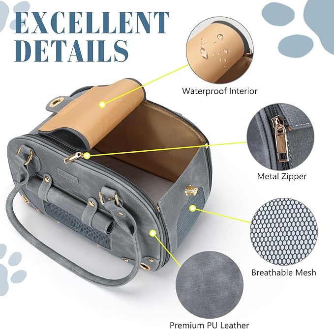 PetsHome Dog Carrier Purse, Pet Bag Bling Waterproof Premium Leather Pet Travel Portable Bag for Cat and Small Dog Home & Outdoor Small Grey