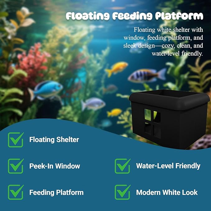Black Floating Betta Fish Hideout with Window – Sleek 3D Fish Breeding Box & Shelter – Floating Feeding Platform for Betta Tanks – Rest Cave Decor for Small Aquariums (3.67"x2.87"x2.16")