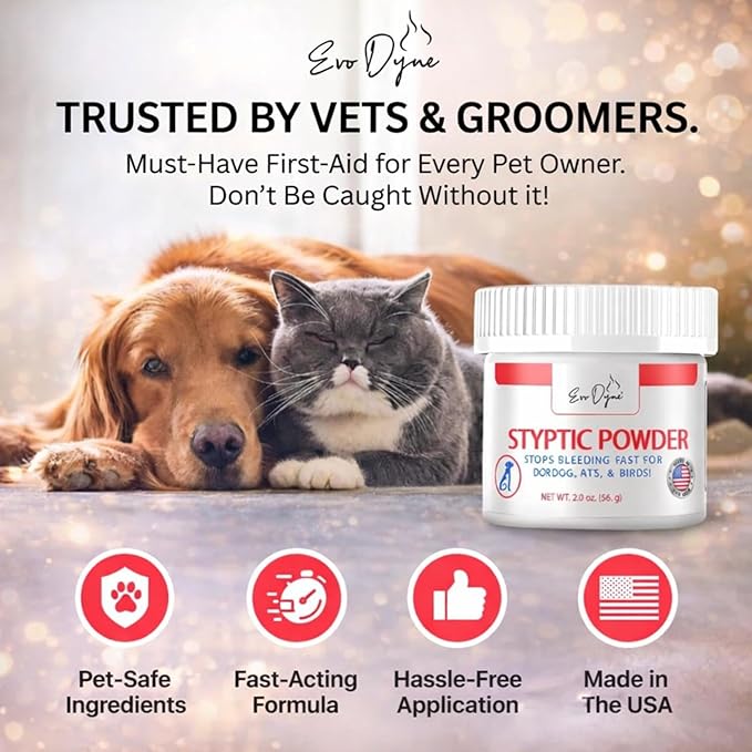 Styptic Powder for Dogs, Cats, and Birds (2 oz) by Evo Dyne | Fast-Acting Blood Stop for Pets | Quick Stop Bleeding Powder for Dog Nail Clipping, Grooming, Cuts and More (1-Pack)