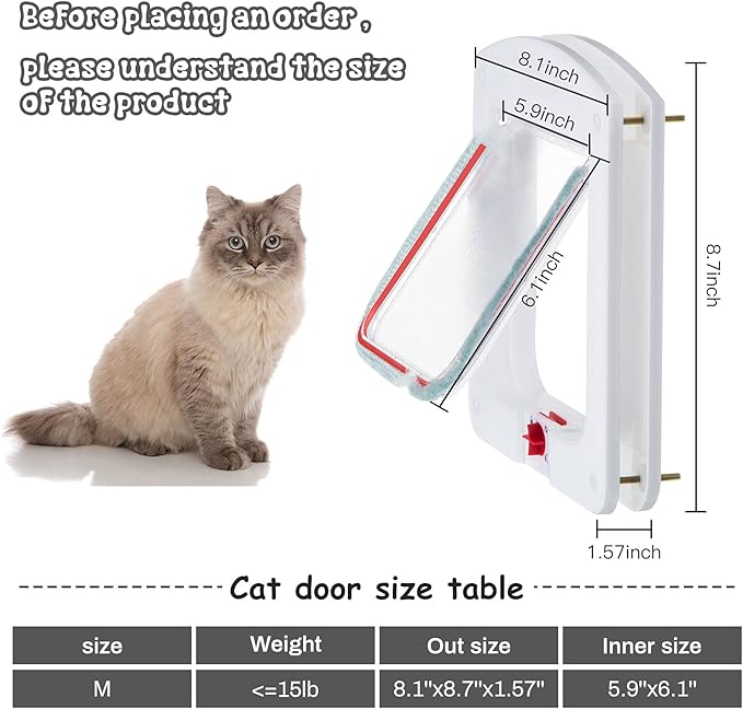 Saintrygo Cat Door 4 Way Rotary Locking Flap Door for Interior Exterior Weatherproof Pet Doors for Cats & Dogs Circumference < 23", Outer Size 9.61" x 7.99"