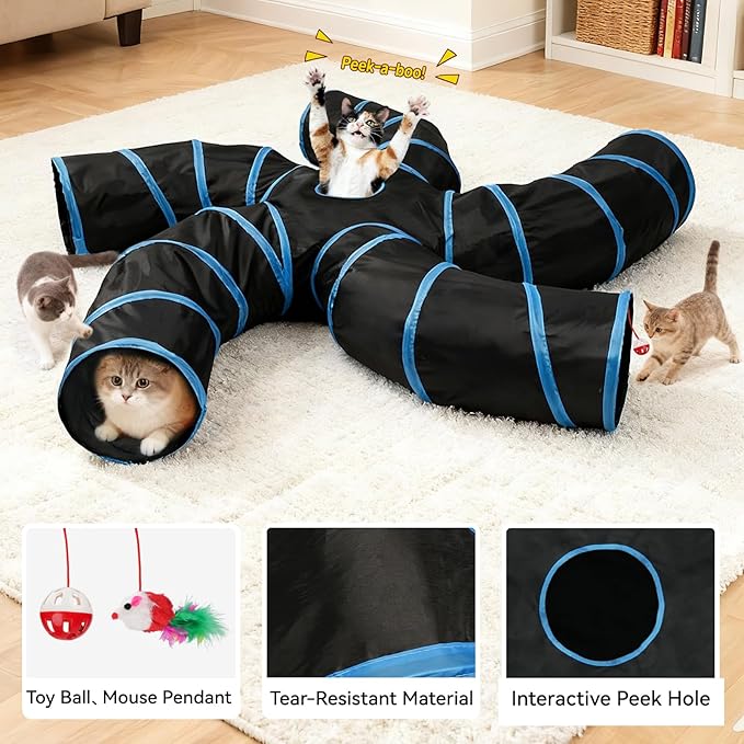 Joytale 5-Way Cat Tunnels for Indoor Cats, Pet Tube Toy with Bell Ball and Toy Mouse, S-Shape Collapsible Tunnel with Interactive Hole for Kitty, Kitten, Rabbit, Puppy (Blue&Black)