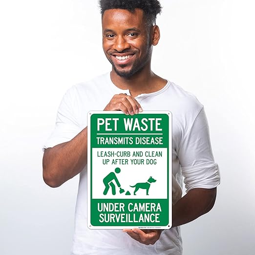 Pet Waste Leash-Curb and Clean Up After Your Dog Under Camera Surveillance Sign, 10x14 Inches, 55 mil Thick HDPS (high Density polystyrene), Made in USA