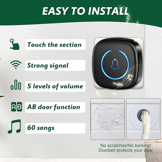Dog Door Bell for Potty Training, Smart Wireless Doggie Doorbell to Go Outside, 1000 Feet Long Range with IP65 Waterproof Super-Light Touch Button, 60 Melodies & Adjustable Volume (1Button)
