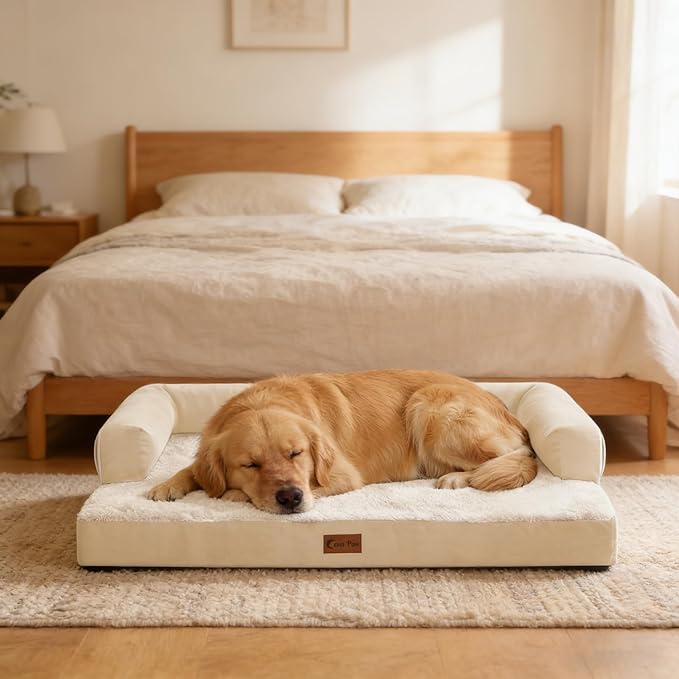 Orthopedic Dog Beds for Extra Large Dogs, Waterproof Egg Crate Foam XL Dog Bed with Sides 45x35Inch, Big Dogs Couch Beds with Removable Washable Cover and Nonskid Bottom, Beige