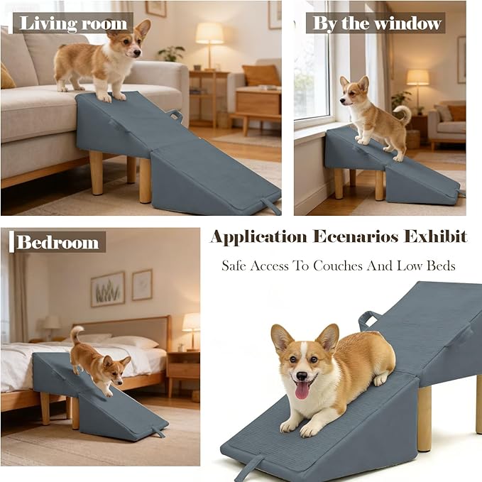 Split Ottoman Dog Ramp for Couch and Low Bed, 2-in-1 Foldable Dog Stairs for Small Dogs and Cats, Wooden Pet Ramp with Non-Slip Surface, Portable Step Stool Design, Gray