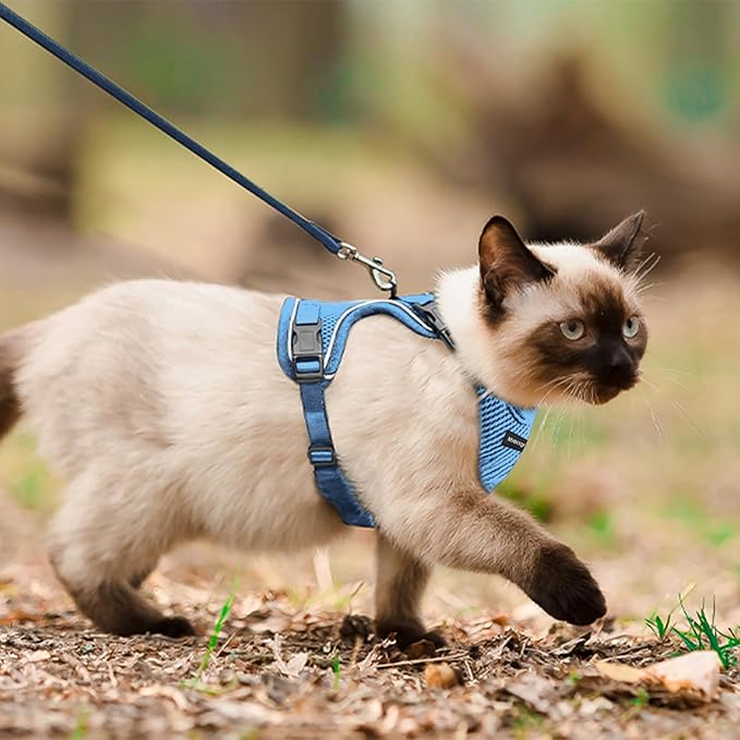 Cat Harness, Cat Harness and Leash for Walking, Escape Proof Soft Adjustable Vest Harnesses for Cats, Easy Control Breathable Reflective Strips Harness, Kitten Harness and Leash Set, Blue, S