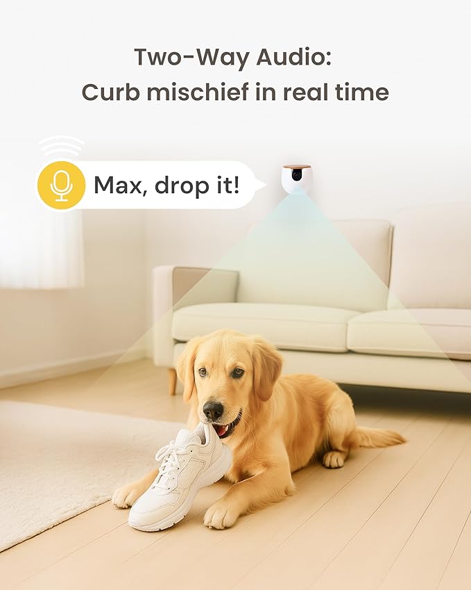Furbo Mini Pet Camera + Power Adapter: Smart Cam w/Barking or Meowing Alerts, Cat or Dog Tracking w/Phone App, 2-Way Speaker. No Subscription Needed. Standard See, Talk & Toss Features