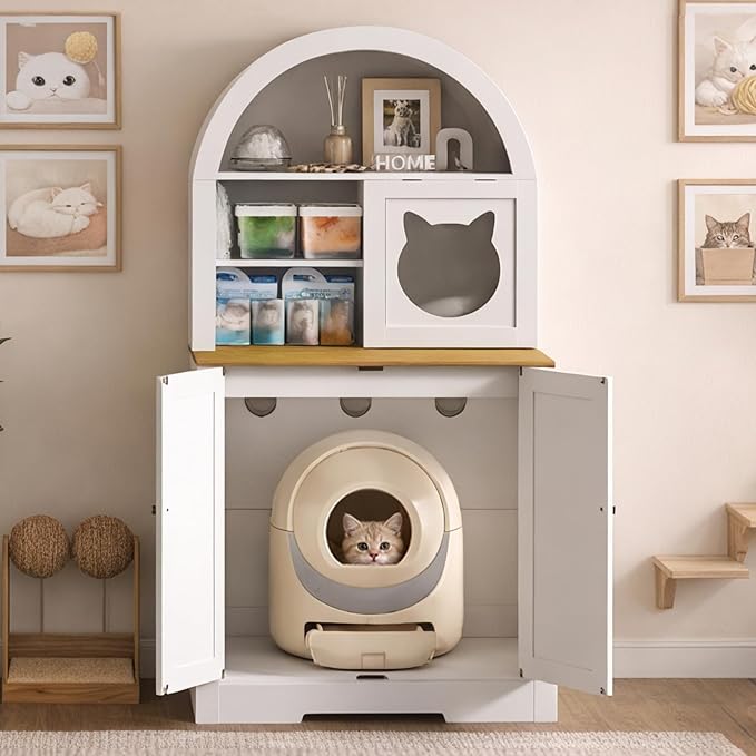 63" Large Cat Litter Box Enclosure Furniture, Arched Hidden Litter Box Cabinet with 3 Storage Shelves and Ventilation Holes, Wooden Cat House with Flip-Up Door, White and Natural