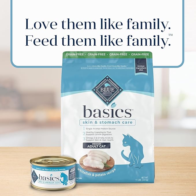 Blue Buffalo Basics Grain-Free Dry Cat Food, Skin & Stomach Care, Limited Ingredient Diet for Indoor Cats, Fish & Potato Recipe, 11-lb Bag