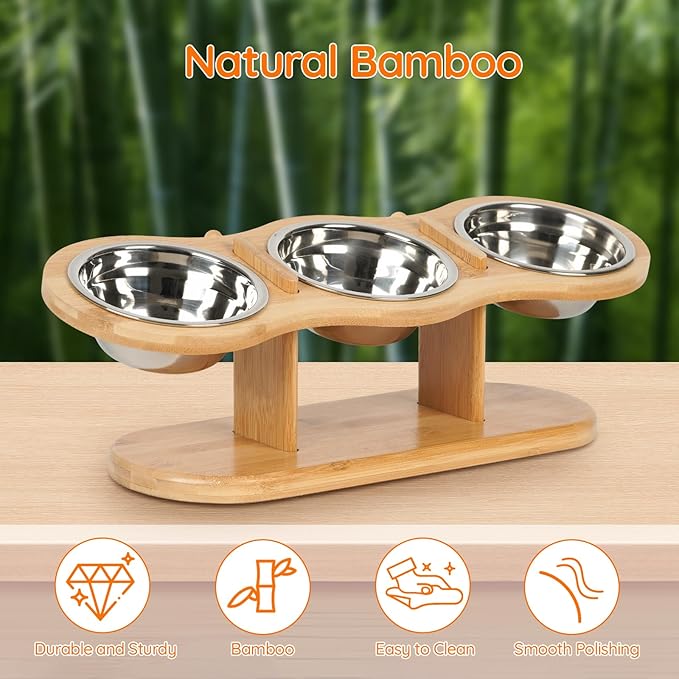 Elevated Cat Bowls Raised Cat Food Bowls, 15° Tilted Pet Bowls for Cats Puppy Small Dogs, Raised Dog Bowl Stand Feeder Adjustable Dog Cat Food Water Bowls Stand with 3 Stainless Steel Bowls